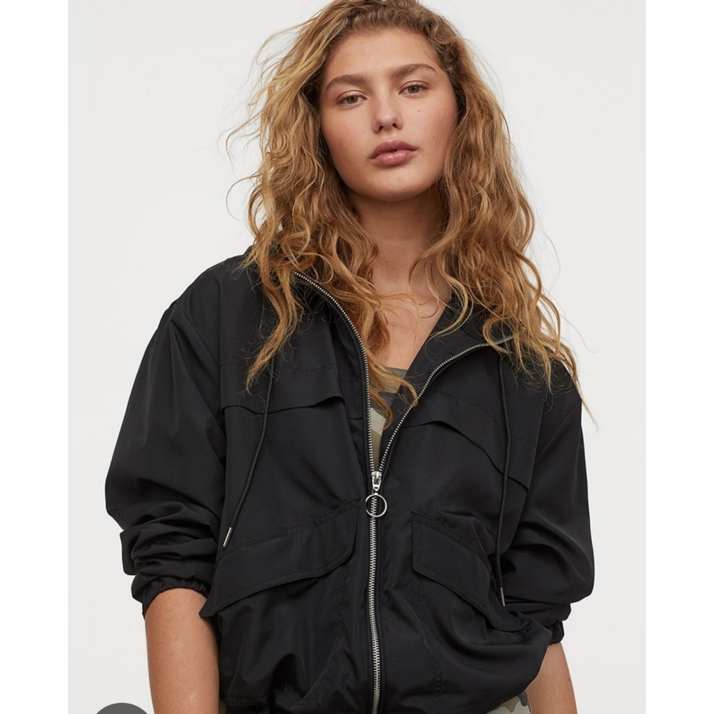 Divided Zip Front Hooded Jacket Black Size XL